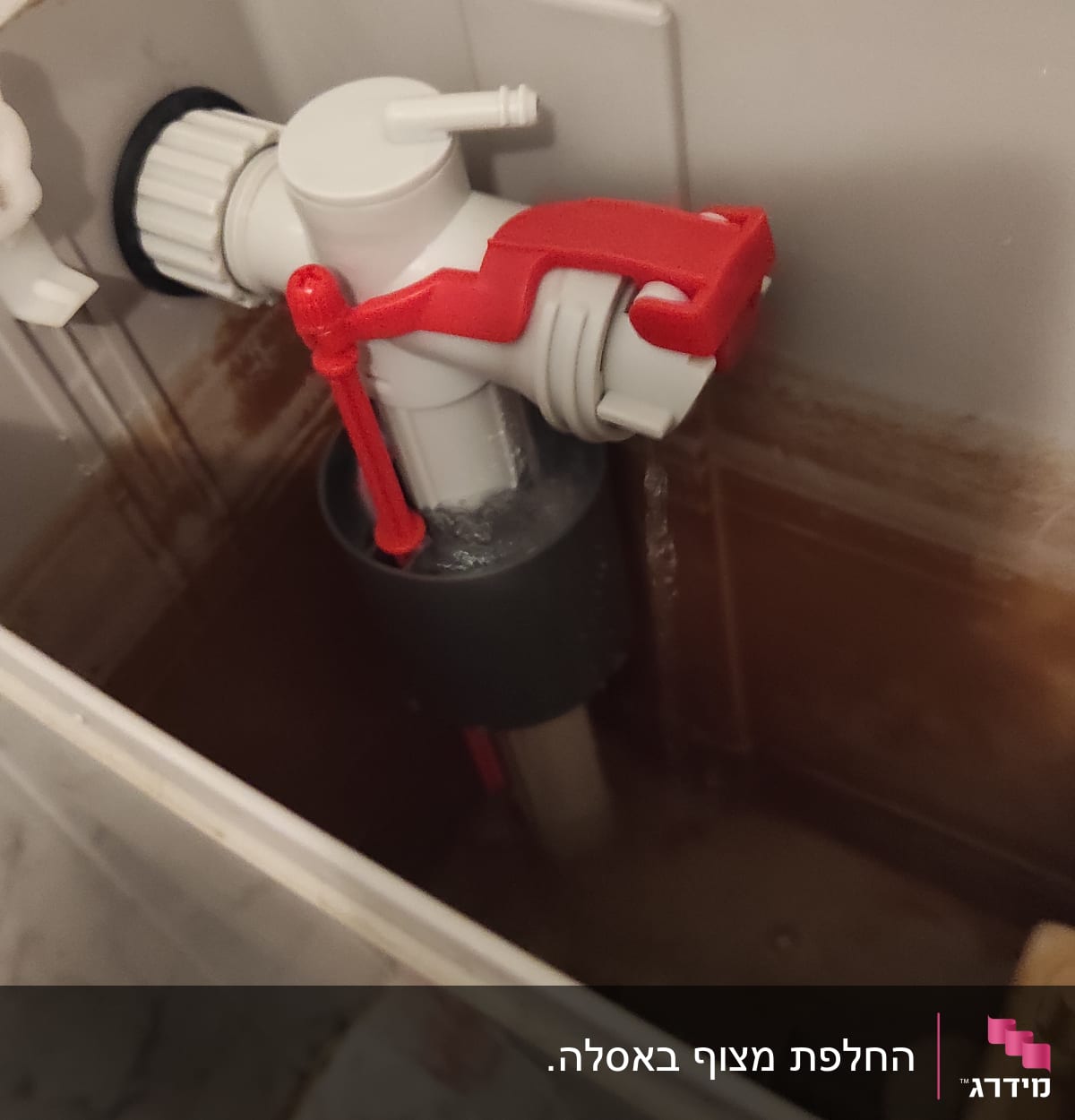מנגנון מצוף אדום ולבן בתוך מיכל הדחה